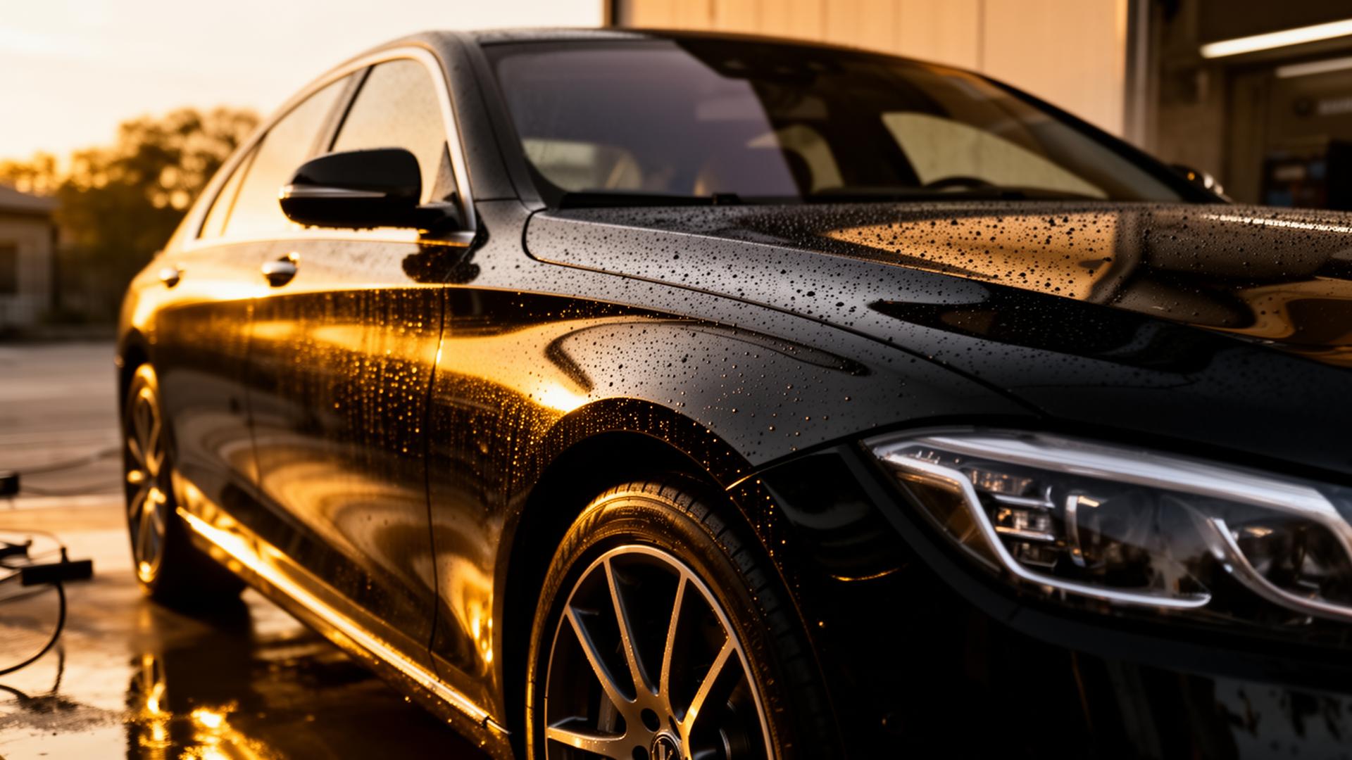 Glossy black sedan freshly detailed at golden hour